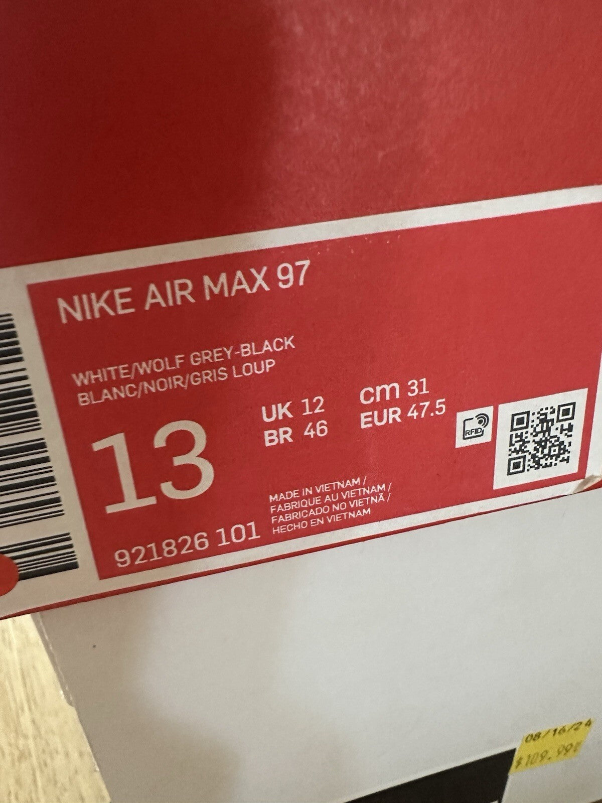 NIKE AIR MAX 97 WHITE/WOLF GREY-BLACK Men’s 13 BNIB