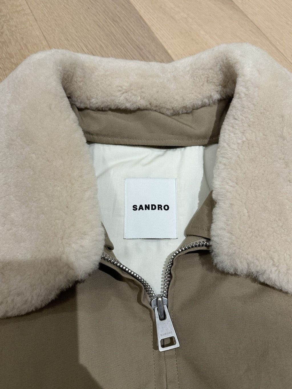 Sandro Men’s Bomber Jacket XXL taupe With Removable Faux Fur Collar